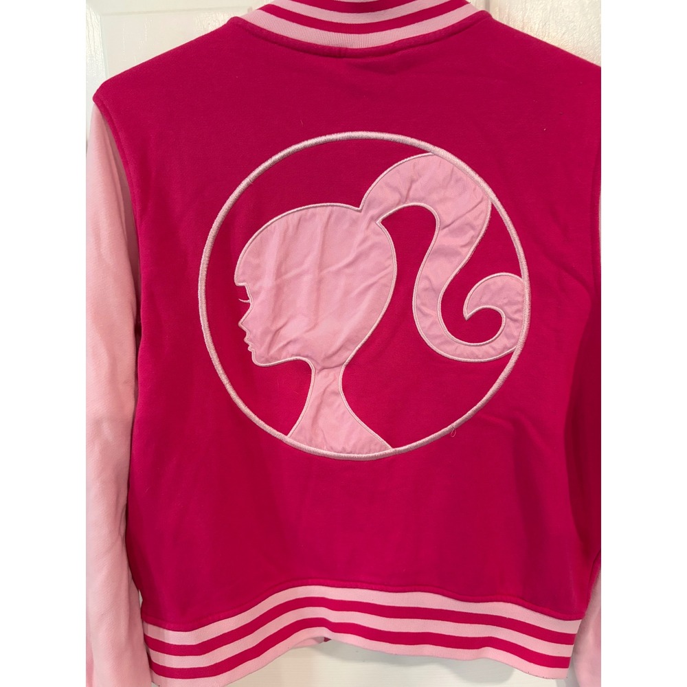 Woman's Hot Topic Size Large Pink Barbie Embroidered Varsity Jacket EUC